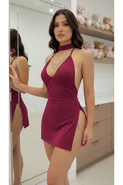 Qvien Secret Fustă mini cu lanț și șliț, cămașă de noapte romantică, rochie s...