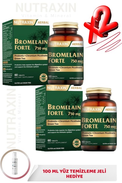Nutraxin Bromelain Forte (Krom-Probiyotik-Yeşil Çay) 750 mg 60 Tablet 2 ADET ...