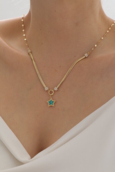 YAVUZ KUYUMCULUK 14 Ayar Altın Çift Zincir Turkuaz Mineli Yıldız Kolye
