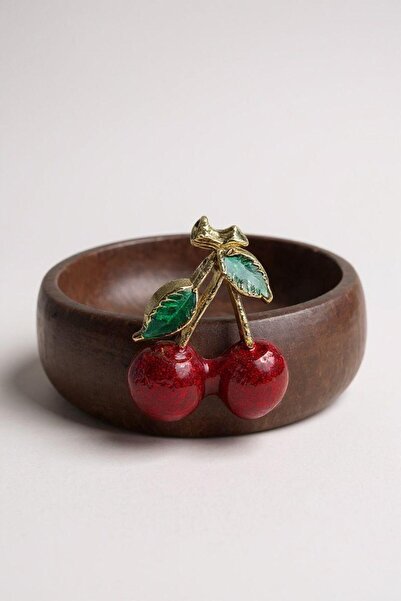 iQey Home Cherry Detailed Wooden Snack Bowl 9 cm Small Size - 1 Piece