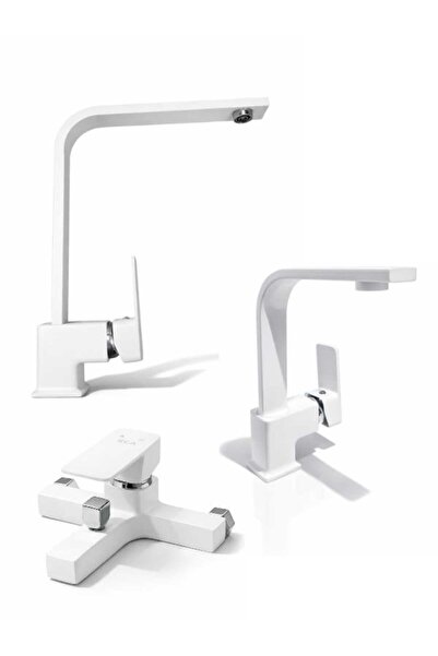 KCA ARMATÜR Beyaz Kare 3'lü Set Banyo Bataryası - Lavabo Bataryası - Mutfak B...