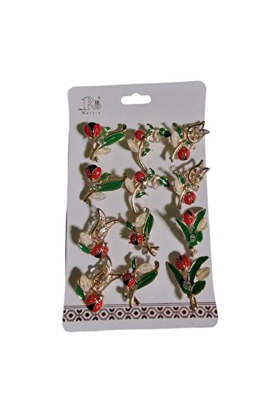 OEM Set de 12 broșe pentru mărțișor, model floral cu buburuze