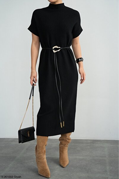 Lupies Kadın Kemerli Dik Yaka Kısa Kol Triko Elbise