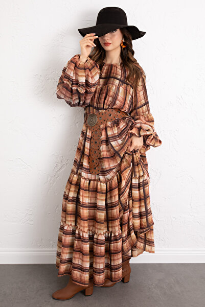Salih Çelebi Layered Plaid Dress 0072 - Brown