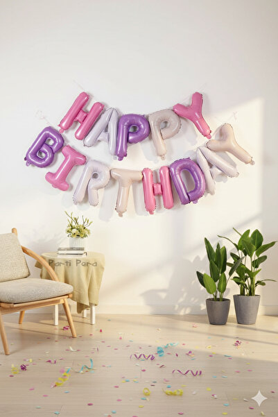 DODOMAR 35 cm Happy Birthday Pink Purple Letter Foil Balloon Set - Birthday P...