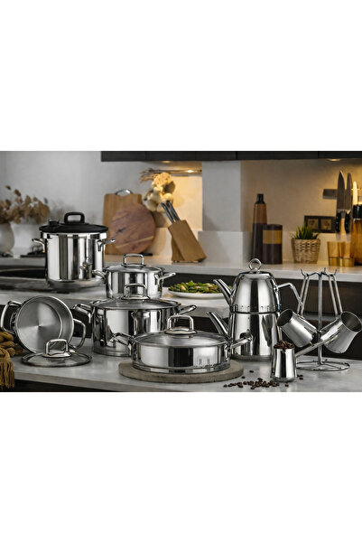 Kütahya Porselen Nil 18 Parça Çelik Tencere Seti Çelik Kulplu