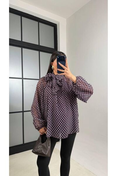 MAESTRO WOMAN Kadın Mürdüm Puantiyeli Yakası Bağlamalı Şifon Bluz