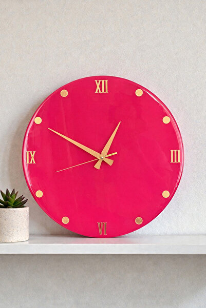39 Art Studio Dekoratif Epoksi Duvar Saati 40 cm, Fuşya Pembe Modern Tasarım,...