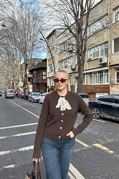 lizge giyim Lace Scarf-Detail Tricot Cardigan