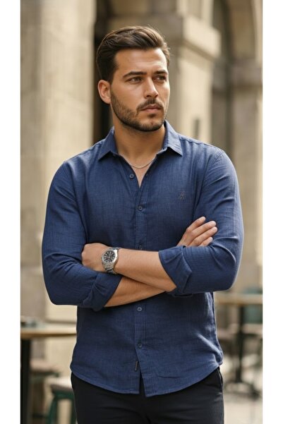 viyamen Erkek Slim Fit Uzun Kollu Mevsimlik Keten Gömlek