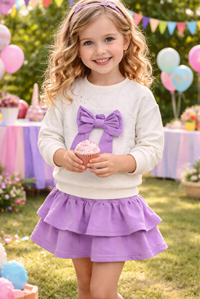 Yalçınoğlu Kids Set tricou și fustă pentru fete, cu panglică brodată cu pietr...