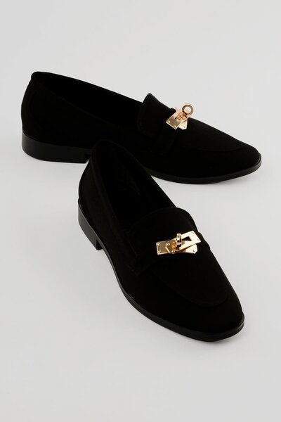 Mubiano Women's Nubuck Loafer Gold Buckle Casual Shoes Elna Black