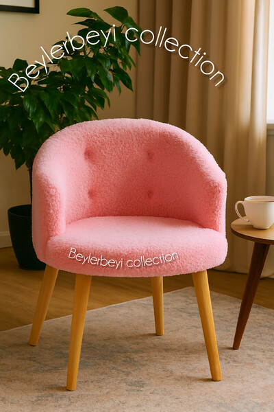 BEYLERBEYİ Gürgen ahşap ayak,sırtlı mini berjer pembe renkli peluş kumaş, dek...