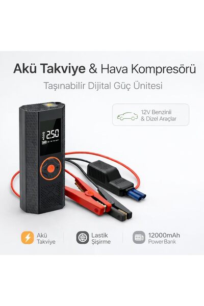 EN SİGA Hava Kompresörü ve Akü Takviye Cihazı 12000mAh Lastik Şişirme, Taşına...