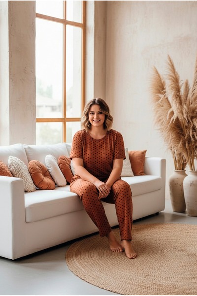 LİLA İÇ GİYİM Printed Plus Size Oversized Crew Neck Short Sleeve Knitted Paja...