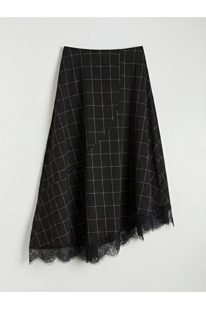 LC Waikiki Μαύρη φούστα με φερμουάρ στη μέση Καρό Δαντέλα με λεπτομέρειες