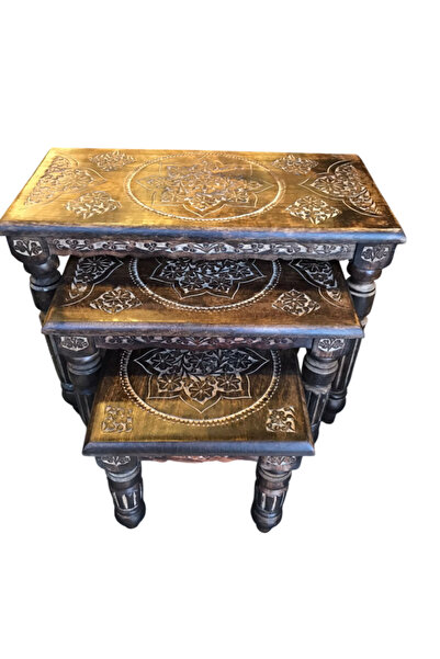 Otantik Çarşı Eskitme Ahşap Oymalı Zigon Sehpa