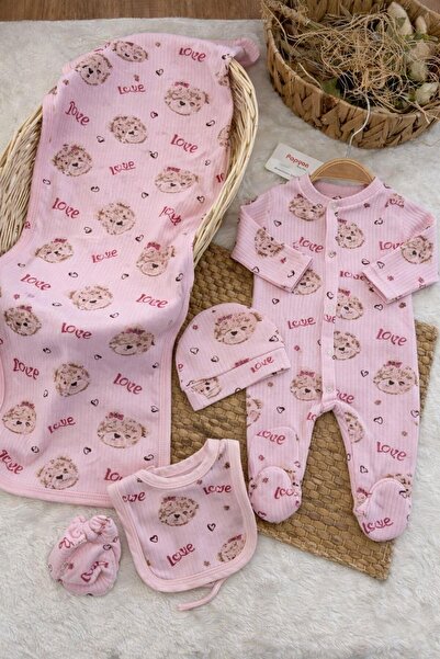 Papyon Baby Kids Love Ayıcık Desenli Fitilli Yenidoğan Kız Bebek 5li Tulum Se...