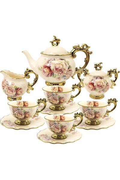 fanquare 15 Adet Gül Çiçeği İngiliz Seramik Çay Seti, Dayanıklı Porselen Malzeme