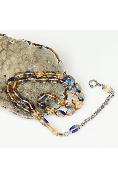 Taş Sandığı Off-White Blue Marbled Steel Tassel Clasp Amber Prayer Beads (7*1...