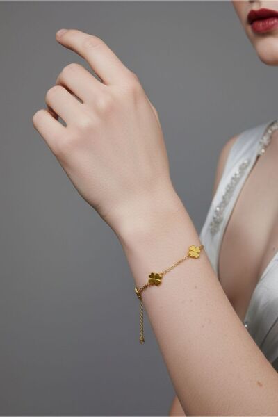 Women's Gold Steel Bracelet - Adjustable Elegant Chain with Luck Clover Figure