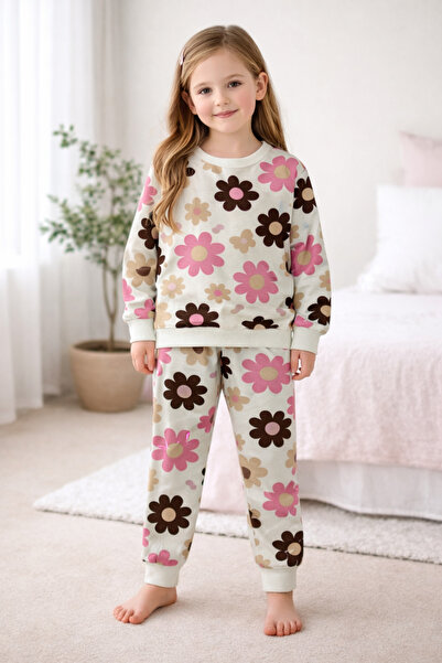 Kidora Kids Girl's Two Yarns Raised Beige Color Floral Patterned Long Sleeve ...