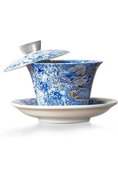fanquare Çin Ejderhası Gaiwan Mavi Sancai Çay Kasesi Seti, 100 ml Porselen Fi...