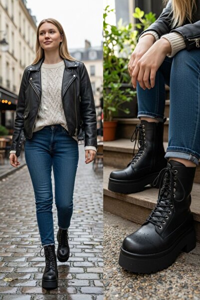 SAYHUFF SHOES Siyah Kadın Hakiki Deri Kalın Topuklu Fermuarlı Bot