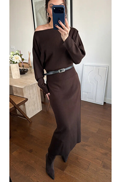 manana fashion Rochie midi maro din tricotaj, cu centură, calitate premium - ...