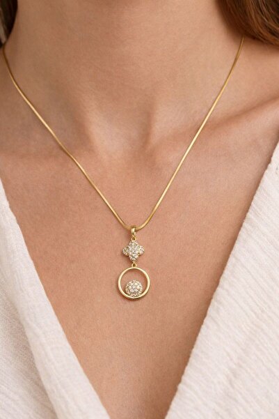 Belasso Women's Gold Color Zircon Stone Flower Figured Ring Detailed Necklace