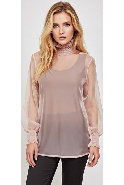 MODA NUR Modanur Powder Pink Color, Lycra, Transparent Tulle Blouse. L Size