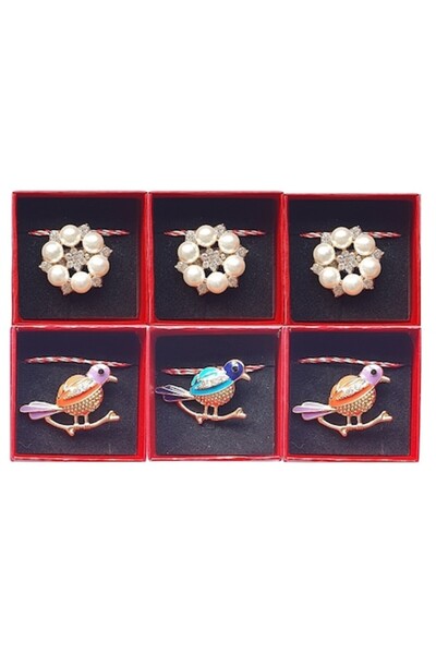 OEM Set of 6 Metal Brooches with Birds and Flowers