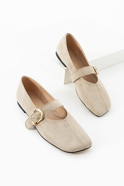 diclepolat Women's Beige Suede Square Toe Buckle Ballerina Mary Jane Shoes Ve...