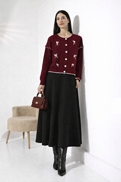 Nursay Bow Detailed Knitwear Cardigan Scuba Skirt Set