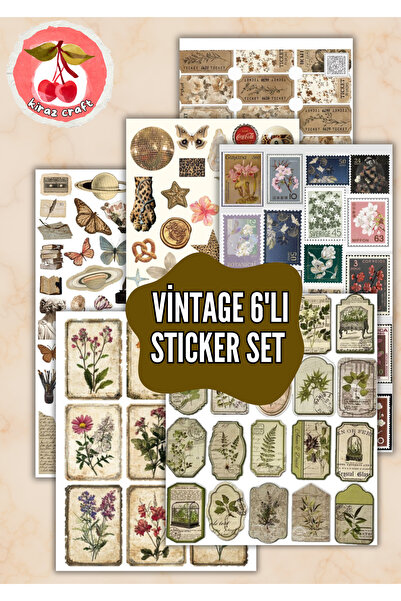 Kiraz Craft Vintage Botanikal & Retro Etiket Temalı 6’lı Sticker Set – Çiçek,...