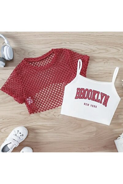 BEBEĞİME ÇORAP Crop Printed Body T-Shirt with Mesh Detail on Top