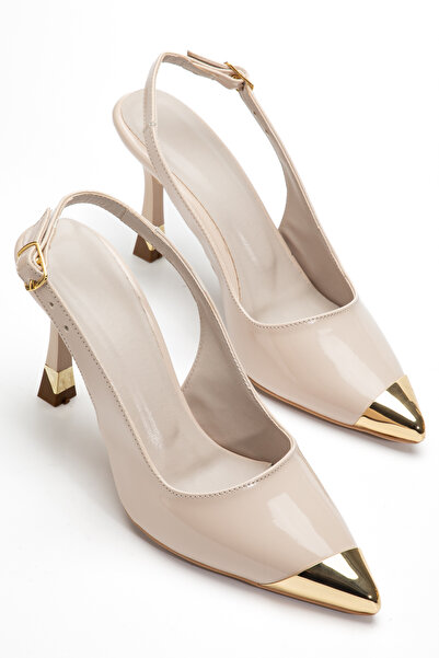 Moda Eleysa Women's Beige Patent Leather Gold Pointed Toe Buckle Detailed Hee...