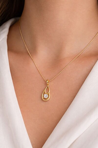 Belasso Kadın Altın Renk Zirkon Taşlı Damla Model Tek Taş Xuping Kolye