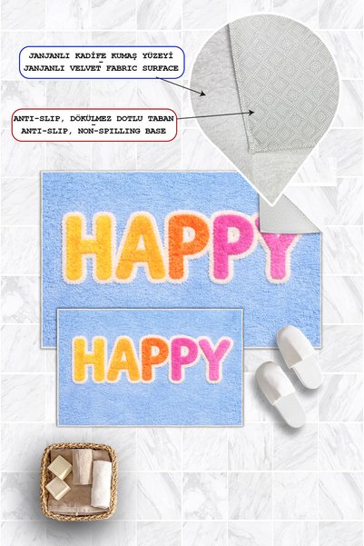 Mortapi Happy Written Blue Digital Printed Non-Slip Base Washable 2-Piece Bath Mat 50X60-60X100