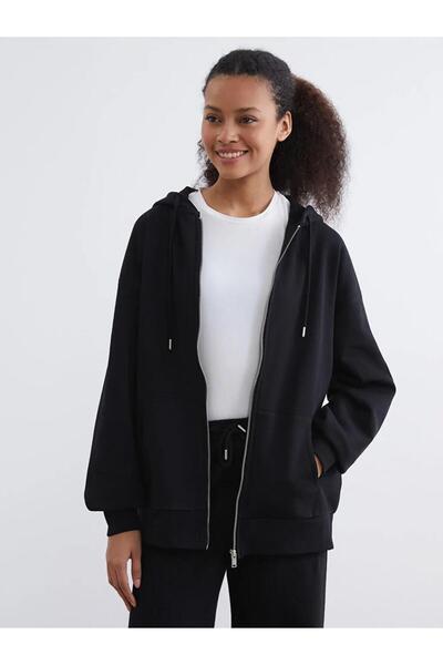 LC Waikiki Black Hooded Women's Thick Zippered Sweatshirt (S6)