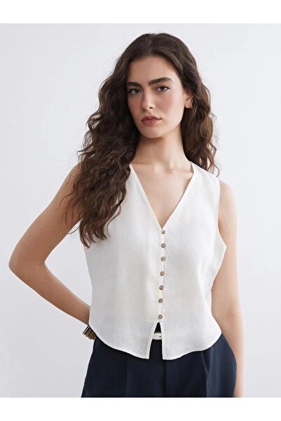 LC Waikiki Bež bluza sa V-izrezom Lan (S6)