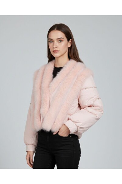 Rabiossa Kadın Şal Yaka Peluş Kürk Süslemeli Şişme Mont