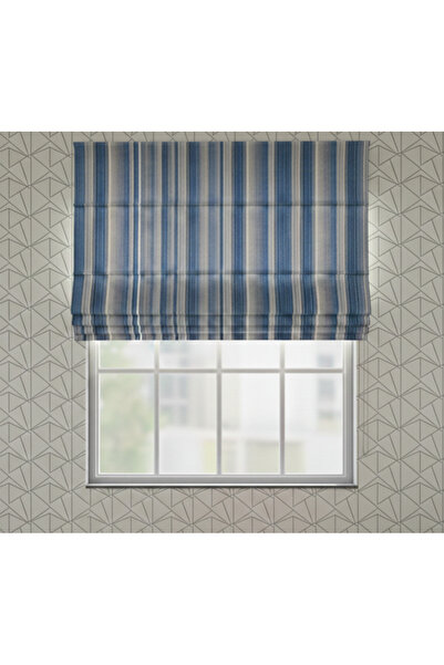 NPS Polycotton Mavi Gri Çizgili Katlamalı Perde