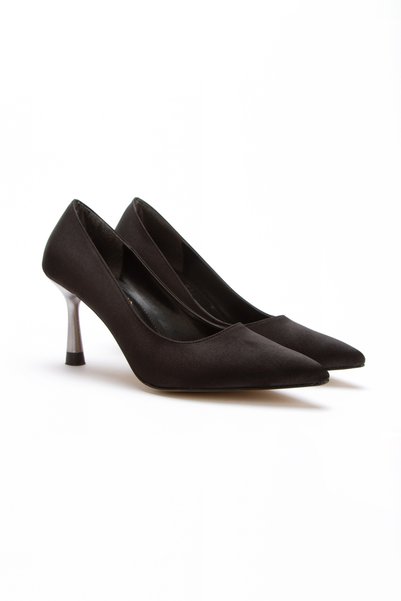 Melvoria Black Satin Stylish Thin Heeled Evening Shoes Suitable for Special Occasions