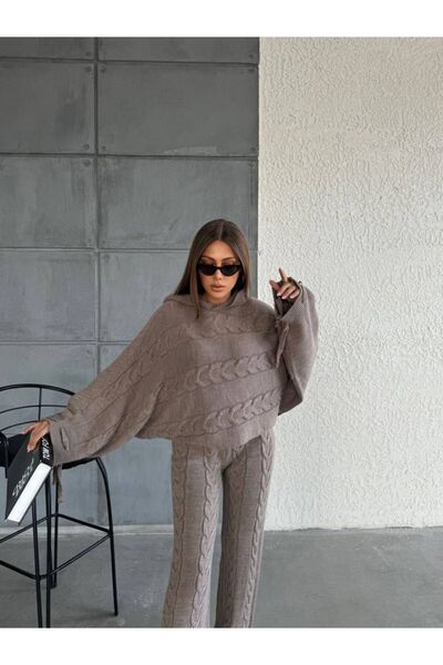 Azra Moda Style New Season Double Knitwear Hooded Set Knitted Pattern Women