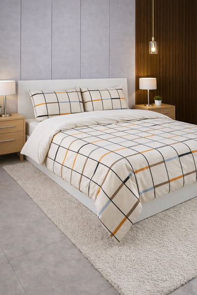 remtex Modern Square Striped Double Duvet Cover Set – Cream Ground Beige & Square Pattern, 4-Piece Set