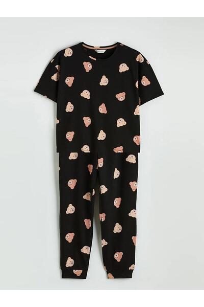 LC Waikiki Black Bear Teddy Printed Women's Pajama Set (S6)