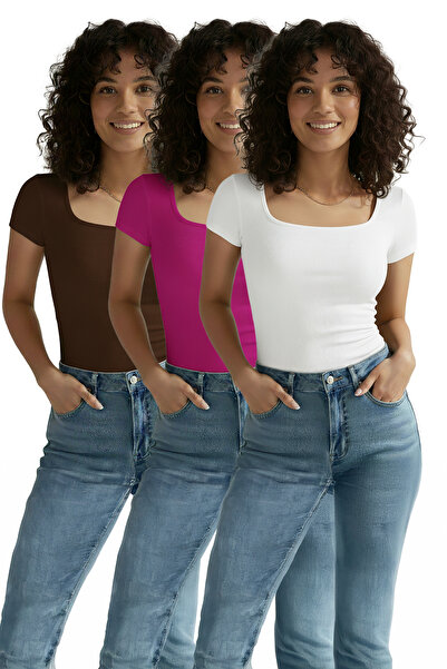 SWALORA U Neck Short Sleeve Stretch Fabric Blouse 3-Piece Set