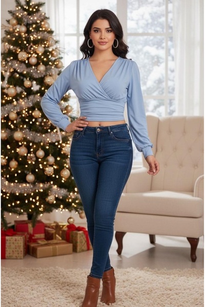 SİA LESS Long Balloon Sleeve Waist Length Micro Lycra Fabric Stylish Blouse Bady