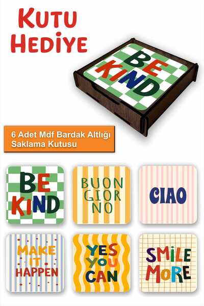 UNT Set of 6 Mdf Coasters with Storage Box – Motivational Quotes Themed